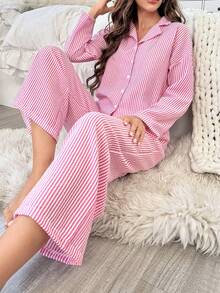 Nina Bonheur 2pcs Women Striped Button Front Long Sleeve Top Pajama Set + Pants Sleepwear Loungewear, Cozy Outfit, Fall Winter Clothes - Hot Pink - View 2