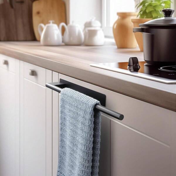 1pc Adhesive Bathroom Towel Holder, Matte Stainless Steel Towel Holder For Bathroom And Kitchen, Black Back To School