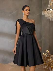 Faeriesty Luxury Sequined A-Line Asymmetrical Neck Bow Dress - Spring/Summer Formal Wear For Weddings, Private Parties & Galas, Party Dress, For Cocktail