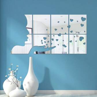 1pc Modern Creative Girl Heart & Peach Acrylic Mirror Wall Sticker, DIY Home Decor, Valentine's Day Gift