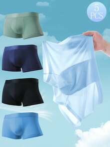 5-Piece Set Of Men's Ice Silk Underwear, Multi-Color Set Of Ice Silk Underwear, Comfortable Boxer Shorts, Sports Ice Silk Shorts, Casual Underwear, Ice Silk Plus Size Shorts Underwear, Suitable For Daily Wear In Summer - Multicolor - View 2