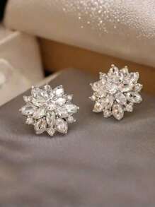2 Pcs Romantic Flower CZ Zirconia Big Pink Stud Earrings Valentine's Day Gift