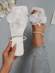 French 3D Flower Embellished Sandal, Elegant And Fashionable Casual Cute Fairy Commute Party Style, Made Of Polyester Fiber, With 3D Floral Decor, Suitable For Beach, Wedding, Office, Home, Outdoor, Summer, Blush Color - White - View 1
