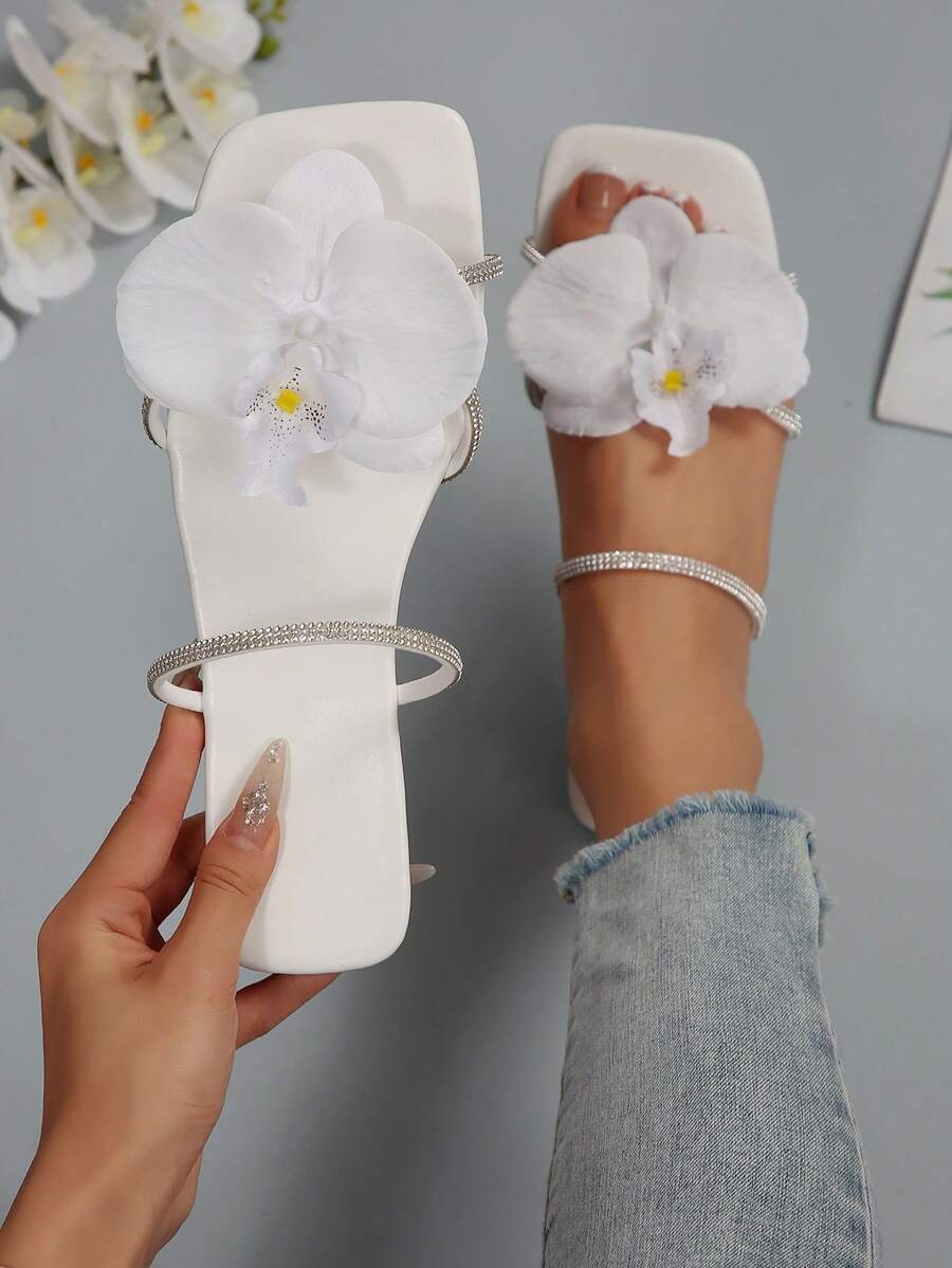 French 3D Flower Embellished Sandal, Elegant And Fashionable Casual Cute Fairy Commute Party Style, Made Of Polyester Fiber, With 3D Floral Decor, Suitable For Beach, Wedding, Office, Home, Outdoor, Summer, Blush Color - White - View 1