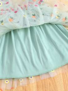 1pc Young Girls Cute Princess Glamorous Butterfly Decor Cap Sleeve Floral Embroidery Tulle Tutu Dress, Party/Birthday/Beach Vacation Dress, For Spring/Summer/Autumn