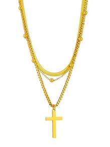 Set de 3 collares de mujer con colgante de cruz multicapa de moda, collar de cadena con cuentas de color dorado
