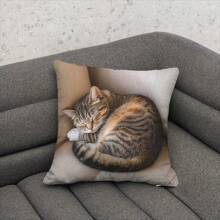 1pc Cute Cat Holding Phone Print Decorative Cushion Cover, Single-Sided, 17.7*17.7 Inches, 180gsm Soft Plush, 100% Polyester, Machine Washable, Zipper Closure, Suitable For Party Decor, Bedroom, Living Room, Sofa, Car Seat (Inner Pillow Not Included)