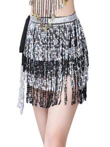 1 pieza Falda envolvente para la cintura con flecos brillantes, falda de 4 capas con flecos de lentejuelas para danza del vientre, danza latina, actuaciones de danza, adecuado para Halloween, carnaval, fiestas de baile, accesorios decorativos para la cintura
