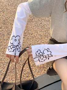 1 paire de manchettes de protection contre le soleil avec imprimé floral et champignon. Style été frais, mignon et cool pour filles. Manches longues imprimées mignonnes et décontractées, convenant à un usage quotidien/sport extérieur avec protection UV. Adapté aux étudiantes, au cyclisme, couvre-bras en soie de glace blanche.
