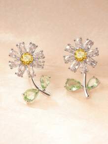 1 par de pendientes de botón con pequeñas flores de margarita brillantes, diseño único de aretes florales, regalo fresco para amigas