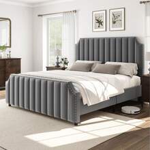 Ataucjin Queen Size Platform Bed Frame With 50.2" Headboard & Footboard,Velvet Upholstered Bed Frame Queen With Vertical Channel Tufted Headboard & Footboard,Nailhead Trim,No Box Spring Needed - Light Grey - View 7