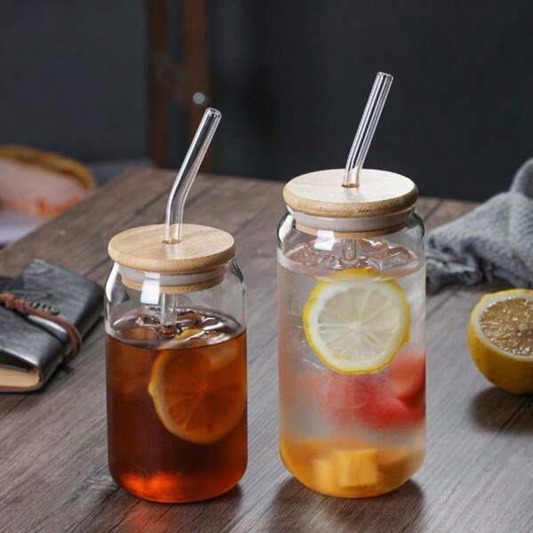 1 stuk heldere glazen koffiebeker, hoge borosilicaatglas koude drankbeker, met verzegeld bamboe deksel en rietje melk thee bier sap beker, cadeau schoolbenodigdheden