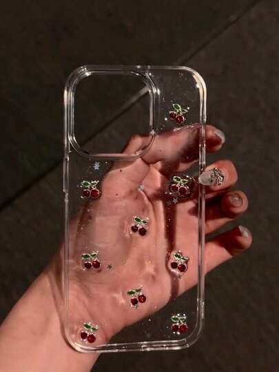 1pc 3D Resin Glitter Pink Cherry Phone Case, Suitable For IPhone 17 Pro Max/13/16 Pro Max/12/11/15/14 Pro, Anti-Drop Anti-Slip, Women Phone Protective Cover