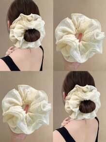 1 Stück cremefarbener, süß koreanischer Stil Frühjahr Übergroß Doppel-Layer Rüschen Chiffon strukturierte Haargummi, einfacher tiefer Pferdeschwanz & Dutt Haarband, französischer Rüschen Dekor Haarzubehör Zopfhalter Haargummis Haargummi Scrunchies Haarband Elastisch