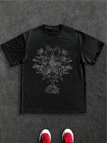 Stylish Heavy Cotton Men's TShirt 220gsm Pure Cotton With Unique Star & Floral Distressed Design Ideal Gift For Father's Day Perfect For Casual Wear Suitable For Men Aged 2555. - 黑色 - 查看 1