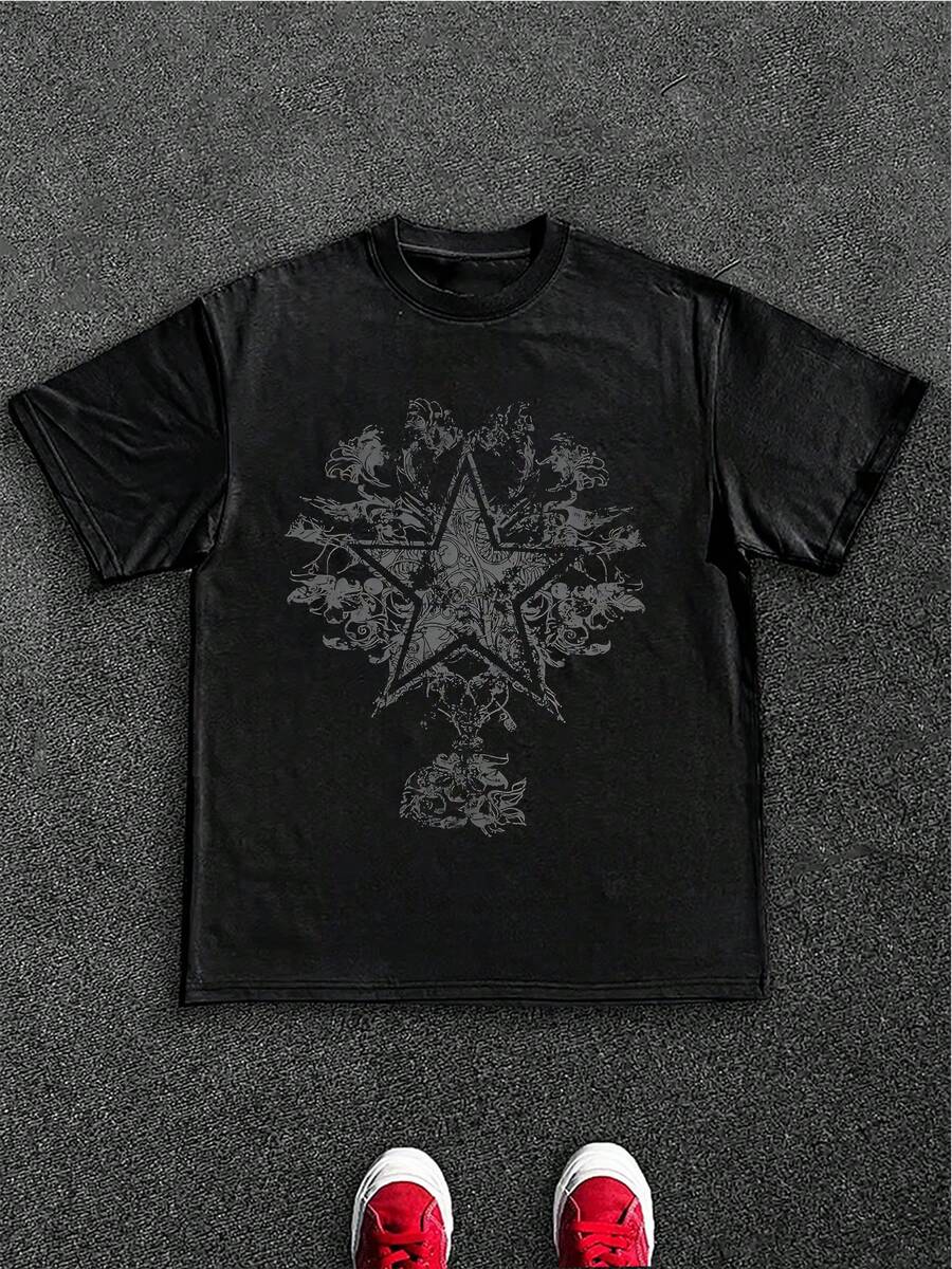 Stylish Heavy Cotton Men's TShirt 220gsm Pure Cotton With Unique Star & Floral Distressed Design Ideal Gift For Father's Day Perfect For Casual Wear Suitable For Men Aged 2555. - 黑色 - 查看 1