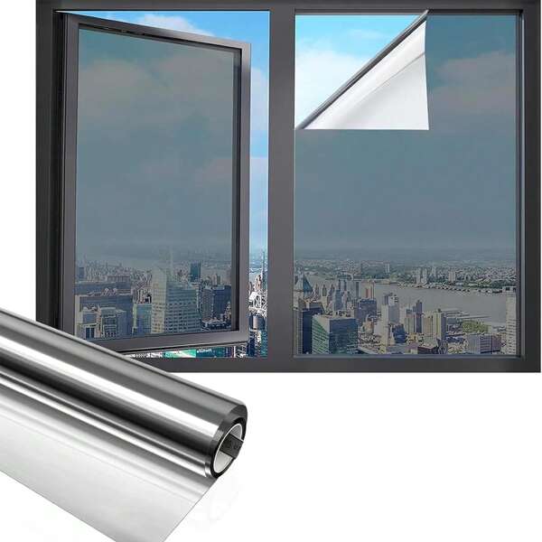 Window Privacy Film One Way Window Tint For Home, Sun UV Blocking Reflective Mirror Film Heat Control, No Glue Static Cling See Out Not In Glass Door Covering