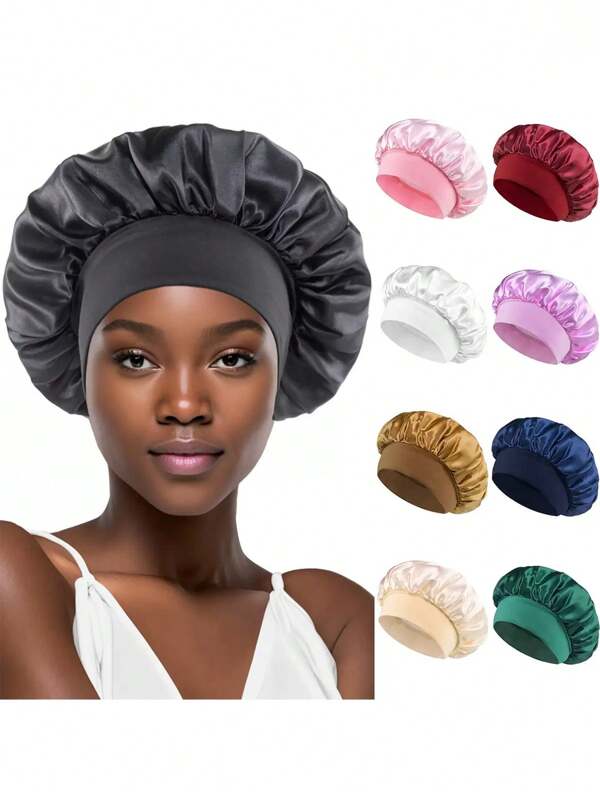 1 pieza Gorro de dormir clásico de satén ancho de unicolor, cuidado elegante del cabello para mujeres