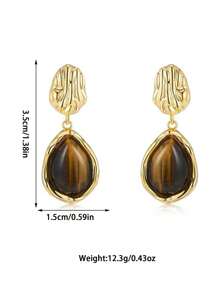 2pcs Maillard Tigereye Teardrop Clip On Earrings, Geometric Earrings No Piercing Required, Lightweight Luxury
