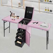 Portable Nail Table Desk Foldable Rolling Manicure Table 2 Desktop Cosmetic Case - Pink - View 2
