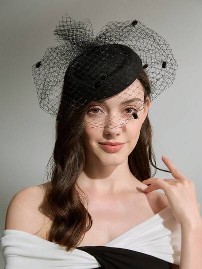 Elegant 1pc Black Veiled Small Formal Hat, Vintage Knitted Material Headwear For Women, Versatile For Evening Party, Stage Performance, Photography Cowboy Hat Cowgirl Hat Winter Gifts