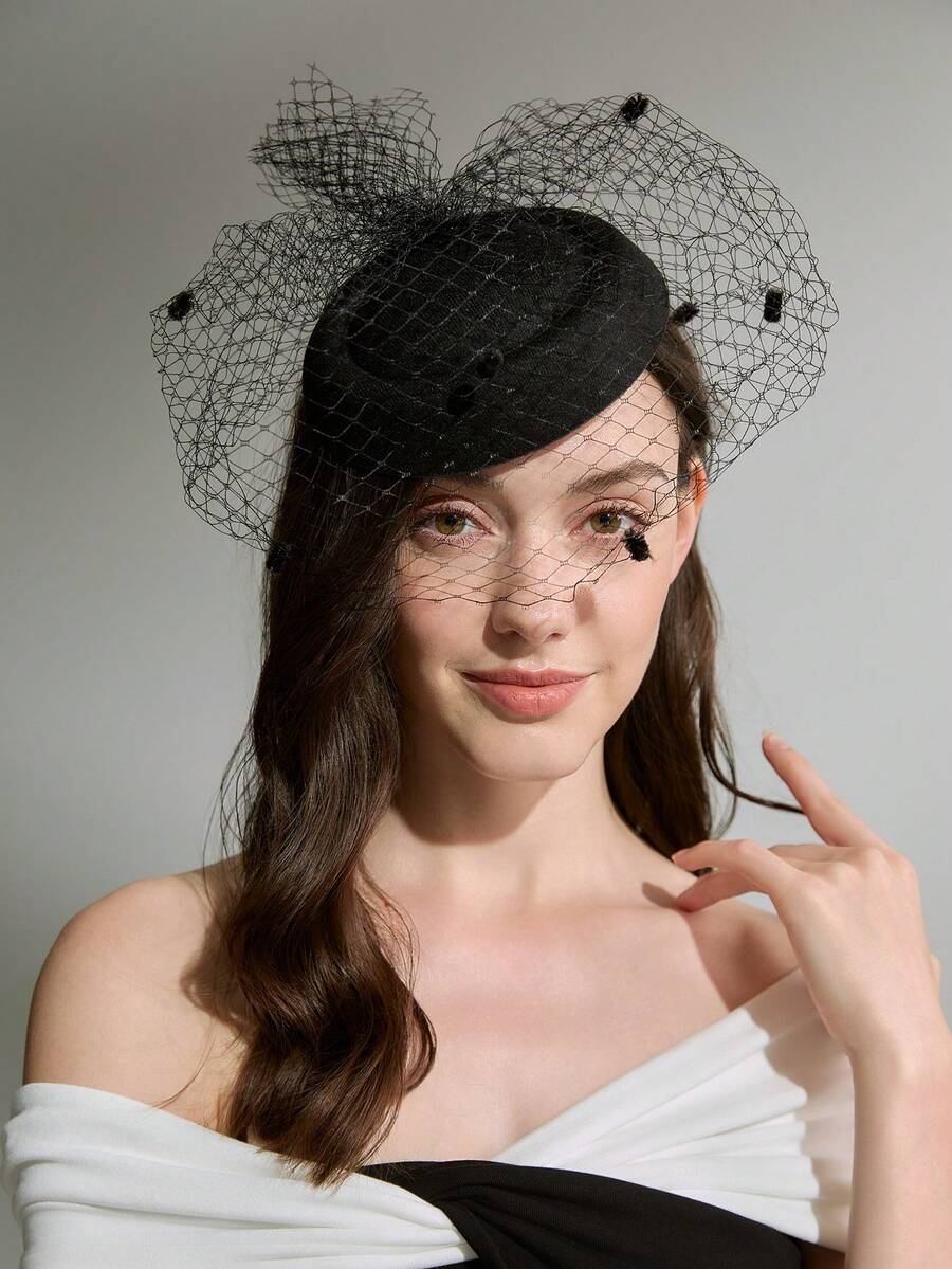 优雅黑色带面纱小礼帽，复古针织面料，女士百搭头饰，适合晚宴、舞台表演、摄影等场合，亦可作为牛仔帽、女牛仔帽、圣诞节、冬季圣诞礼物。 - 黑色 - 查看 1