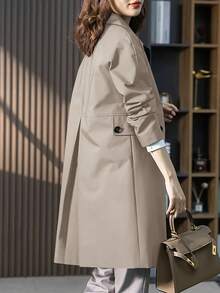 1 件纯色编织面料纽扣口袋中长袖风衣，适合约会、度假、日常穿着、派对、旅行、春季