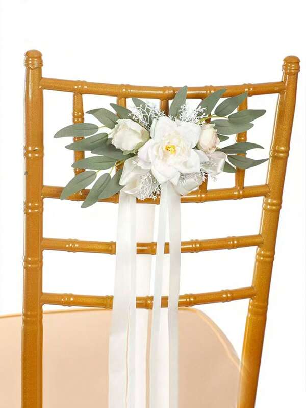 1 pièce Fleur décorative de dossier de chaise de style occidental pour décoration extérieure, fleur artificielle pour décoration de mariage et de fête, fleur en satin plastique pour rétroviseur de voiture de mariage, poignée de porte, décoration d'allée, fleur en bambou factice pour chaise, décoration de mariage et de fête, boutonnière