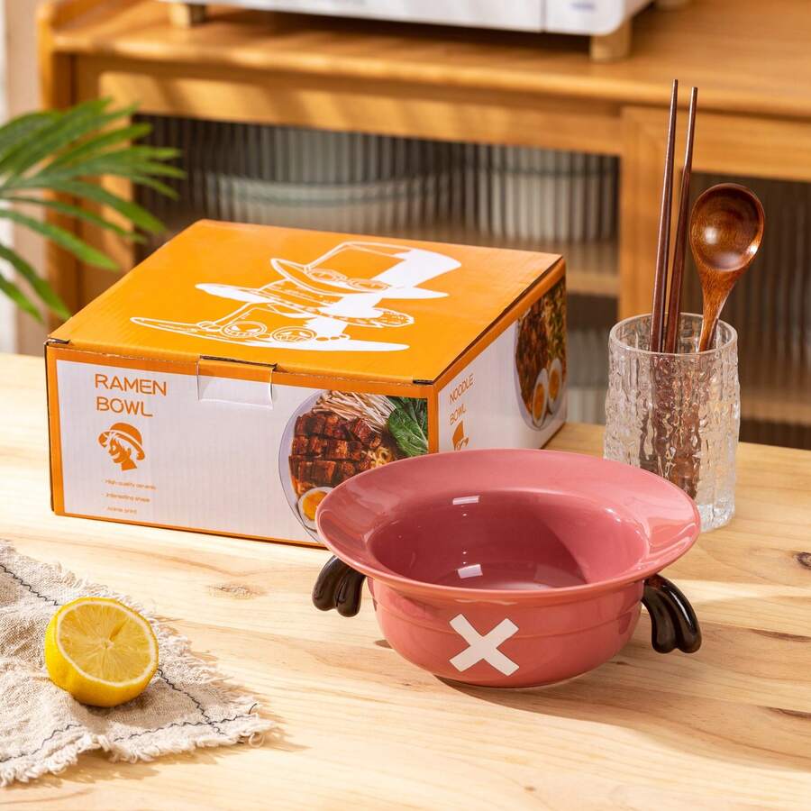 One Piece Anime Straw Hat Ramen Bowl Set, With Spoon Chopsticks And Soup Stand, For Pasta Bowl, Instant Noodle Bowl, Anime Themed Ceramic Rice Bowl, Comes With Exquisite Packaging Box, Microwaveable - Purple - View 1