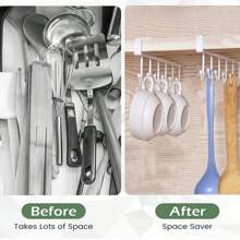 1pc White And Black Hook Cup Rack Storage Rack 6 Hooks Suitable For Cabinet, Pot, Shovel Rack, No Need To Drill Storage Rack