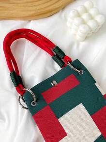 1pc Multicolor Geometric Pattern Knitted Handbag, Women Portable Foldable Dual Handle Small Tote Bag With Magnetic Closure, Suitable For Commuting, Vacation, Beach, Shopping