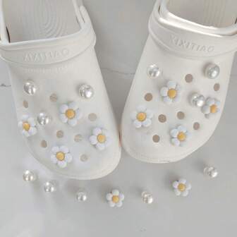 [DIY Decorative] 14pcs White Daisy Flower Shoe Charms ABS Material DIY Decorative Accessories For Sandals And Slippers