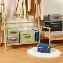 Storage Boxes With Lid Cotton Linen Fabric Storage Bins Organizer Container Decorative Collapsible Washable Shelf Baskets Faux Leather Handles For Home Bedroom Closet (Black, Small Size)