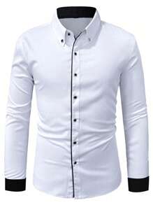 Men's Contrast Trim Long Sleeve Formal Shirt, For Fall - White - View 3