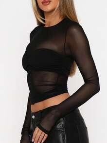 Women's Black Sexy Sheer Round Neck Bodycon Long Sleeve Top - Minimalist & Chic For Casual Outfits - màu đen - Xem 4