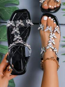 Women's Crystal Embellished Peep Toe Flat Slip-On Sandals, Comfortable & Versatile Elegant Outdoor Shoes