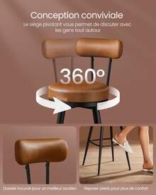 Tabouret de Bar, Lot de 2, Chaise de Cuisine, Siège Rembourré, PU avec Coutures, Style Moderne Mi-siècle, Hauteur 65 cm, pour Cuisine, Bar, Marron Carame - Tabac - Voir 5