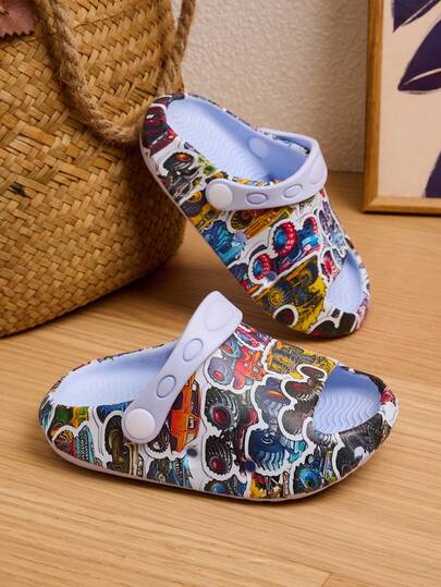 1 Pair Boys' Comfortable, Fashionable, Casual, Lightweight, Blue Motorcycle Print, Anti-Slip, Soft Sole Foam Slippers, Suitable For Spring/Summer