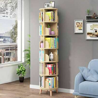 6 Tier Rotating Bookshelf With Legs, Tall Rotating Bookshelf Tower Revolving Bookcase Standing Book Shelf Wood Bookcase Round Bookshelf For Bedroom Living Room
