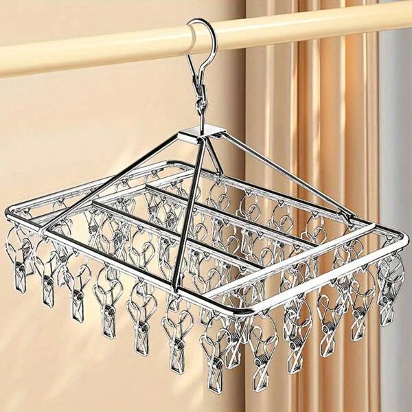 1pc 20/40 Clips Stainless Steel Drying Rack - A Windproof Hanging Organizer For Socks And Underwear, Drill Free Hanging, Space Saving Multi-Hook, Suitable For Home And Retail Use, Great For Back To School, Stainless Steel Drying Rack, Dry Socks And Underwear