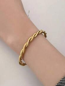 Charm Cuff Twist Bracelets Opening Bangles For Women Gold Color 316L Stainless Steel Wire Thin Simple Bangles Jewelry - Multicolor - View 6