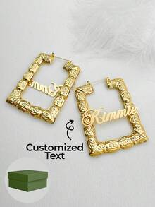 1pc Customized Bamboo Earrings, Elegant Minimalist Rectangular Earrings, Square Earrings, Gold Name Earrings, Personalized Earrings, Gift - Multicolor - View 1