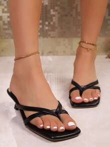 1 Pair Oversized Summer New Soft Leather Square Toe Sandals, Thong Chunky Heel Sandals, Versatile Flat Flip Flops For Women