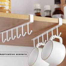 1pc White And Black Hook Cup Rack Storage Rack 6 Hooks Suitable For Cabinet, Pot, Shovel Rack, No Need To Drill Storage Rack