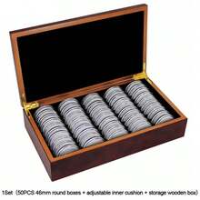 50pcs 46MM Coin Capsules Storage Box & Wooden Case Holders Collection Display UK - Brown - View 3