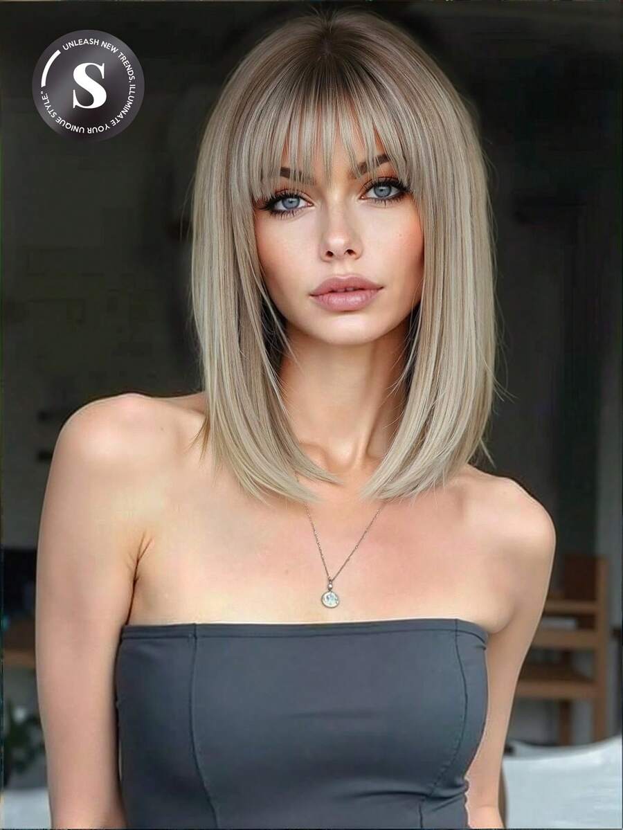 14英寸渐变金色波波头假发，女士短直发带刘海，合成纤维材质，耐热，适合日常派对、角色扮演、日常佩戴、假日旅行、节日美妆必备、万圣节、圣诞节礼物、送给女朋友的礼物、夏季、节日护理