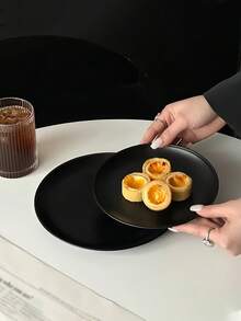 1pc Ins Style Black Premium Dessert Plate, Stainless Steel Tea & Snack Display Plate, Afternoon Tea Cake & Fruit Plate - Black - View 2