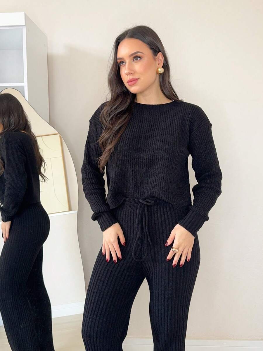 Women's Aerolook Mousse Knit Set Ribbed Knit Trousers And Blouse Cold Weather Clothing Winter 2025 - 黑色 - 查看 1