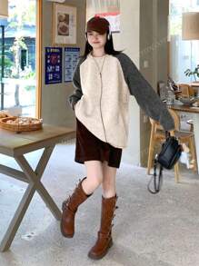 Vintage Colorblock Round Neck Long Sleeve Women's Thick & Loose Knitted Pullover Sweater, Autumn/Winter