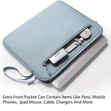 [Laptop] Light Blue Laptop Sleeve |   14.1/15.4 Inch Compatible |   Polyester |   Adjustable Strap With Zipper Closure |   Ideal For Notebooks And Tablets |   Minimalist Design |   Smooth Texture - Black - View 1